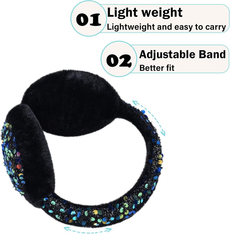 EDCYF Ear Muffs Gloves Set for Kids Girls Winter Ear Muffs Adjustable Sequins Warm Earmuffs Furry Outdoor - Image 3